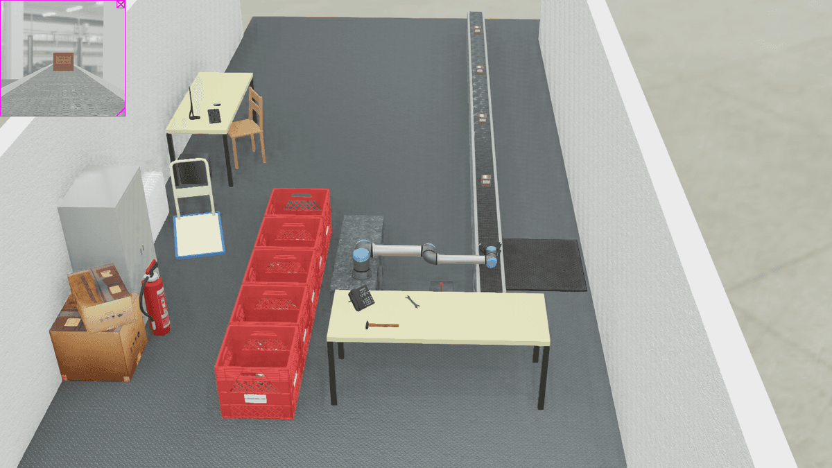 Webots screenshot showing YOLOv8 detecting a labelled package on the conveyor