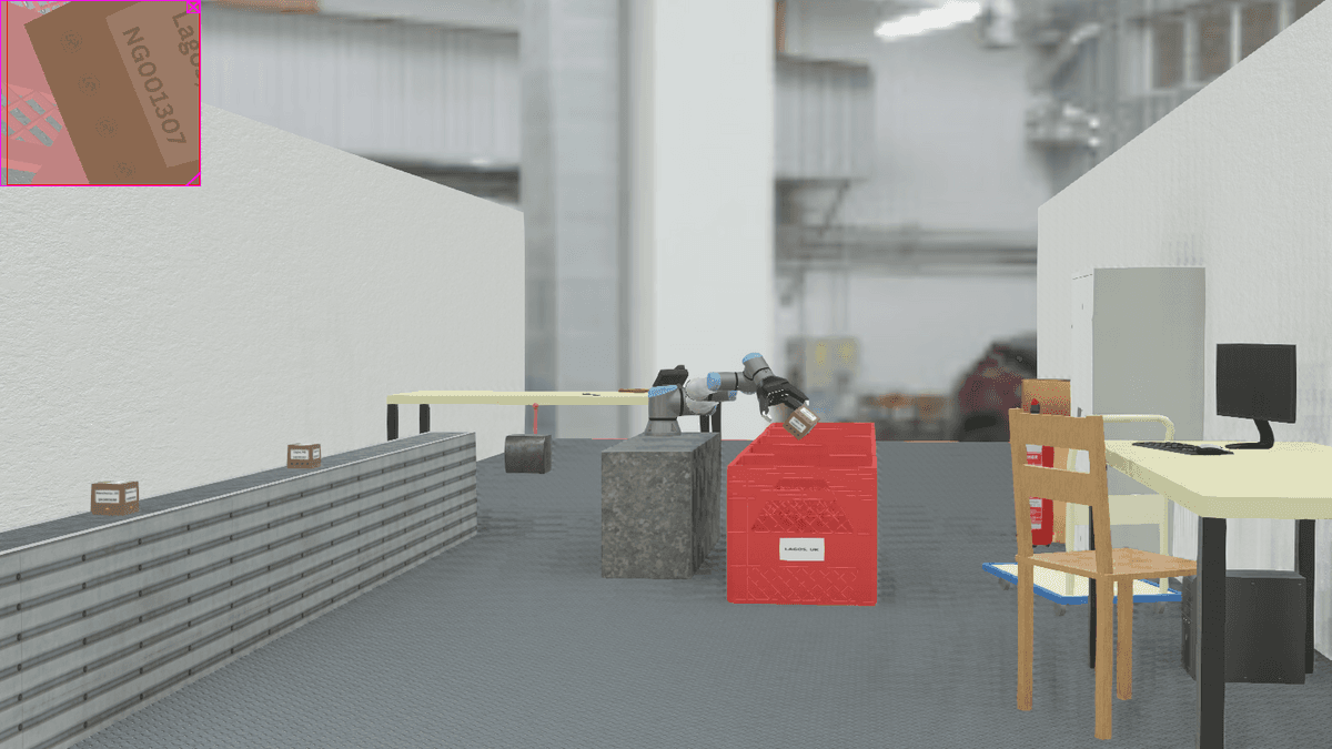 UR10e arm positioned over the red destination crate, releasing a package