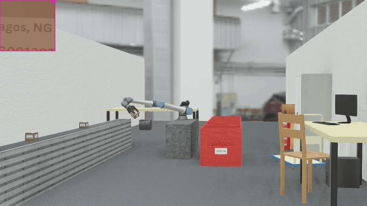 UR10e arm carrying a package in its gripper above the conveyor area